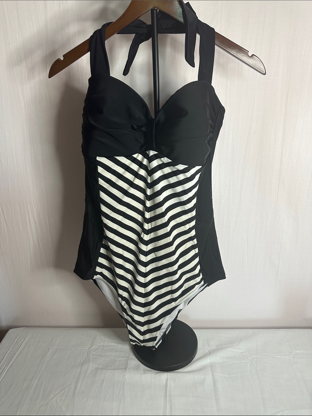 Cupshe Black Halter One-Piece with Black & White Stripe Front